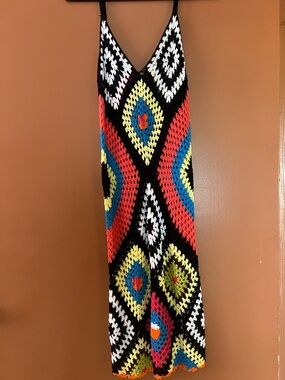 Handmade Crochet Midi Dress in Black with Multicolor Diamond Pattern
